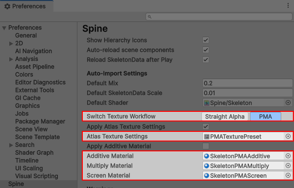 Spine Preferences - PMA presets